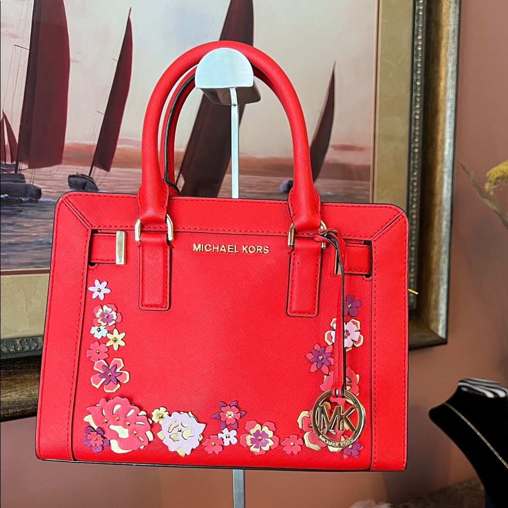 Michael Kors LIMITED EDITION Red Floral Leather Satchel with D rings.